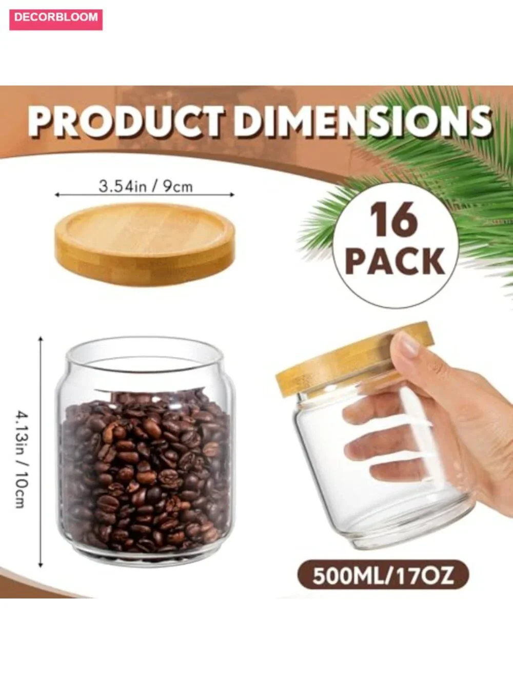 16 Pack Glass Canister Set, 17 oz Food Storage Jars with Bamboo Airtight Lids